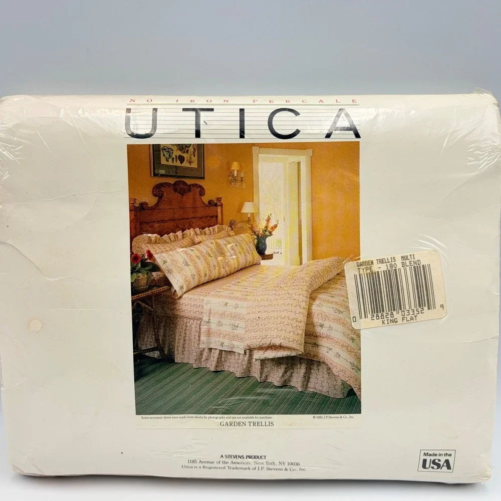 Vintage Utica Garden Trellis King Flat Sheet 1985 Floral Percale Made in USA NEW